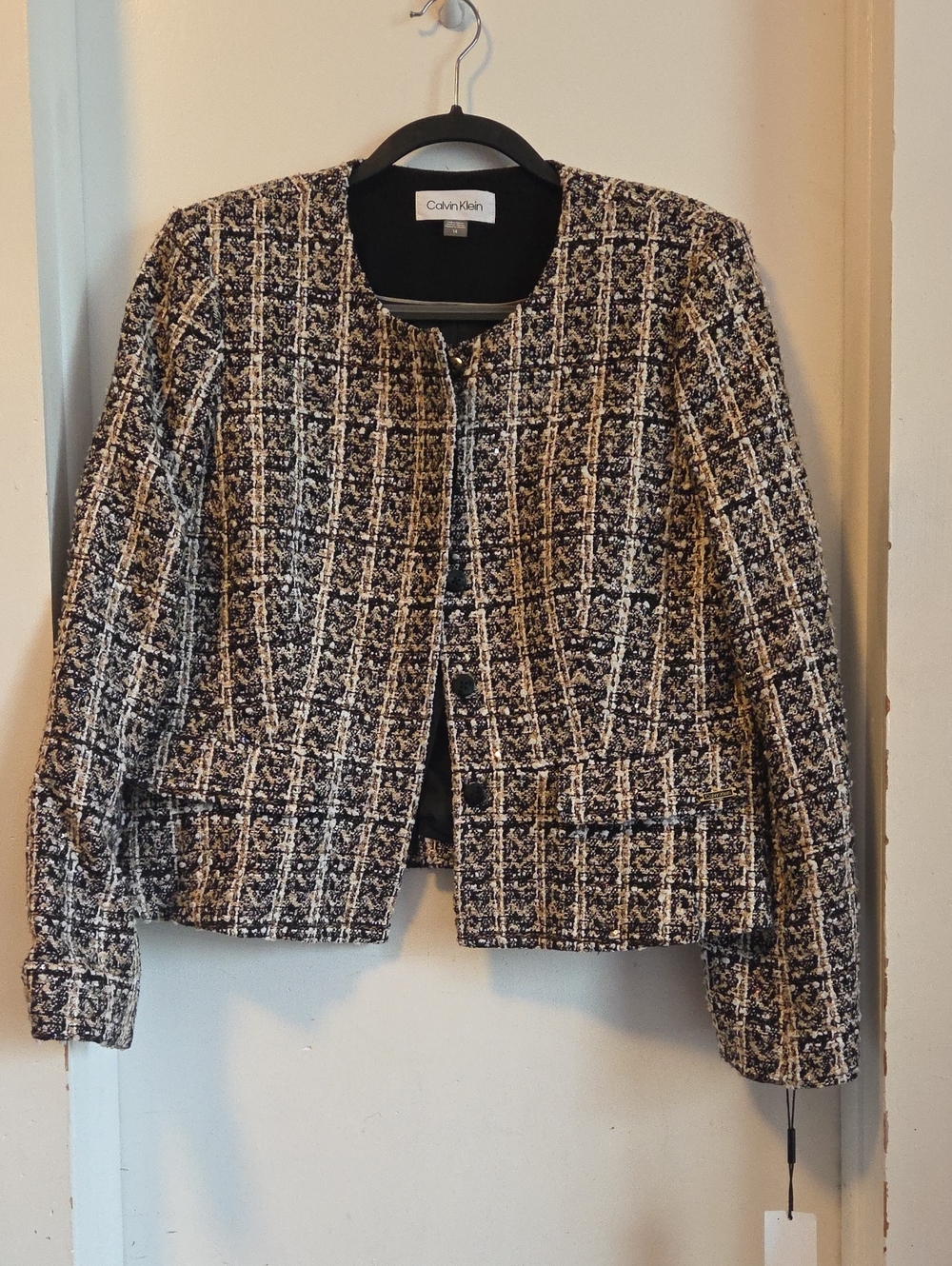 Calvin Kelin Collarless Tweed Jacket. NWT Size 14
